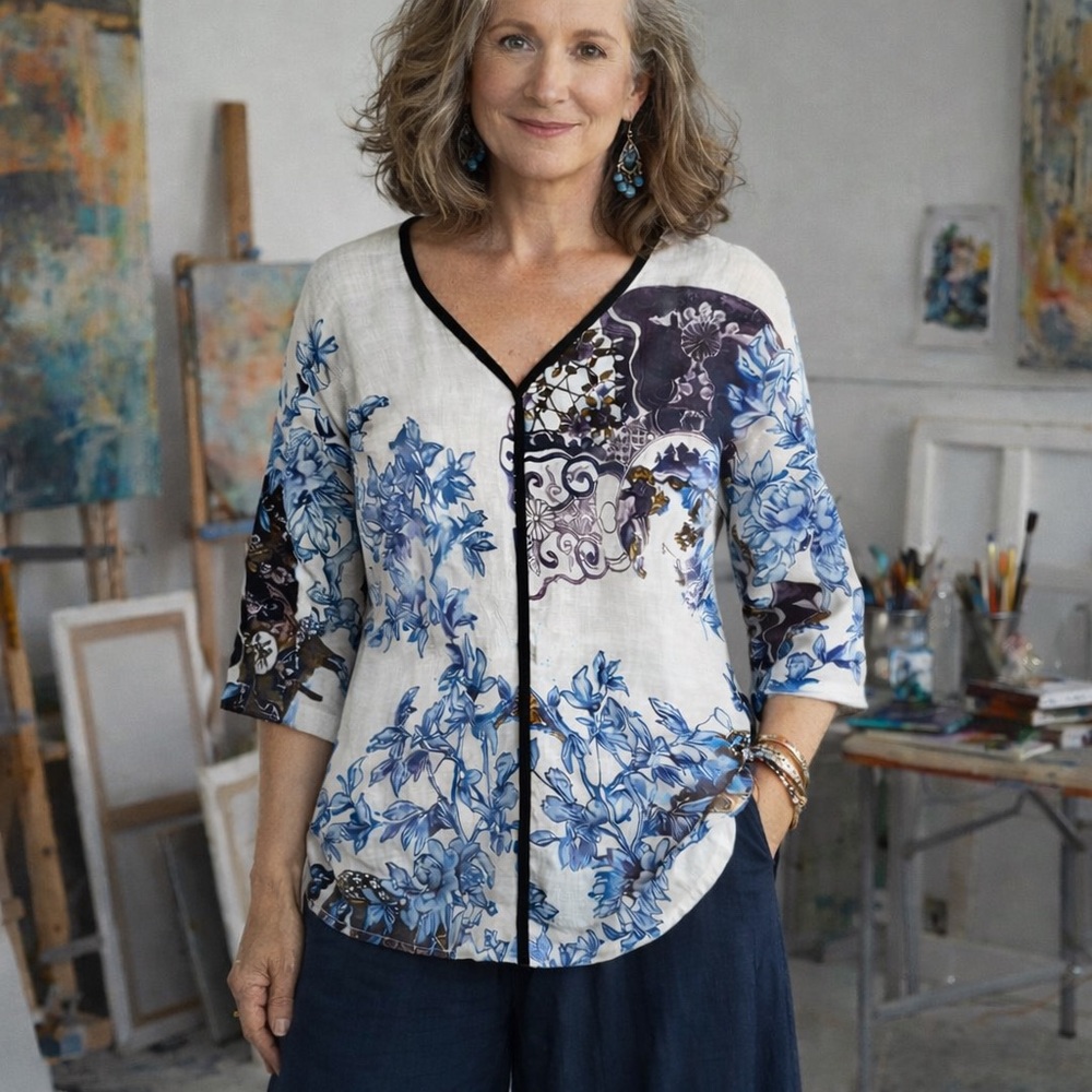 Citron Santa Monica | Vintage Linen Blouse – Asian Art Print | Size Small